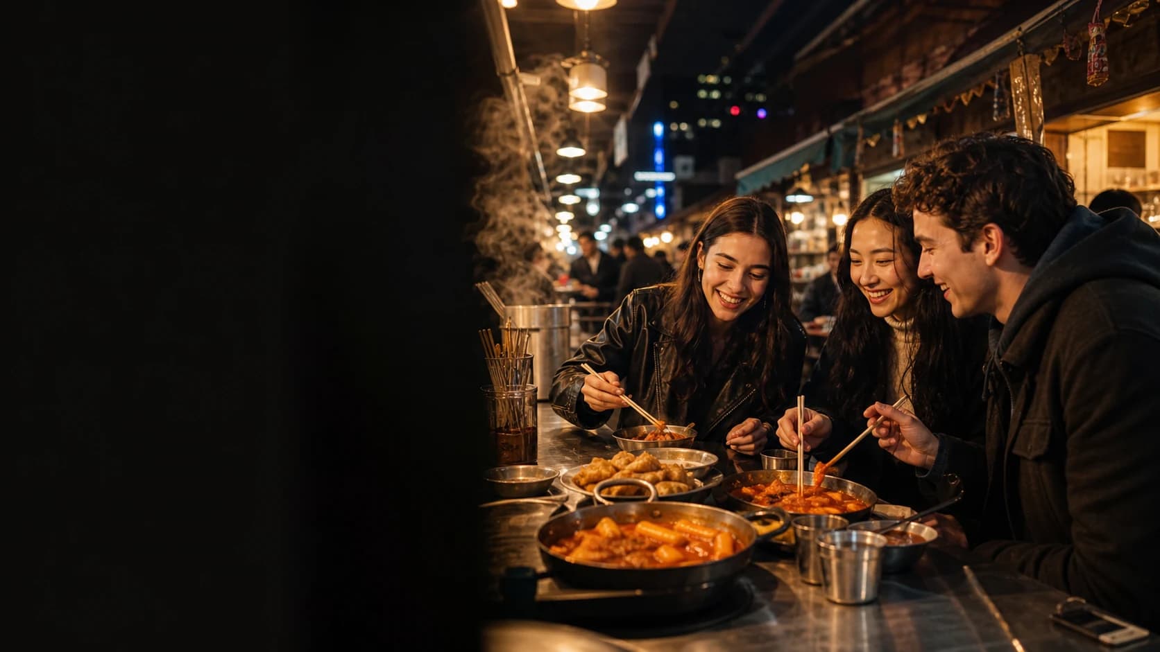 서울 야시장에서 한국 길거리 음식을 함께 즐기는 젊은 여행자들